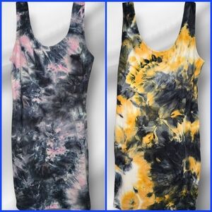 TWO New Vintage/Y2K Tie-Dye Dresses-Womens LARGE-Yellow,Pink,Grey-Sundress,Boho
